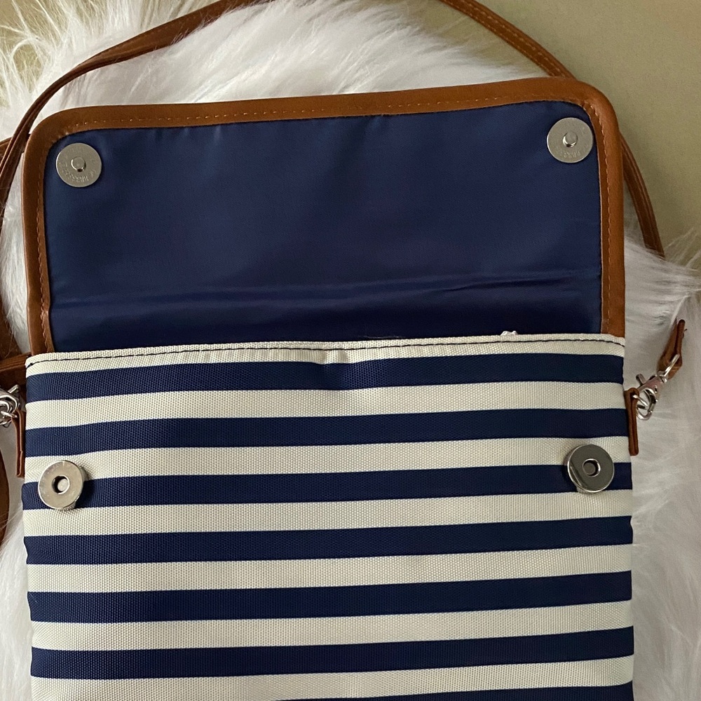Nautica Striped Crossbody Bag navy blue and white with Tan Accents - Picture 4 of 9
